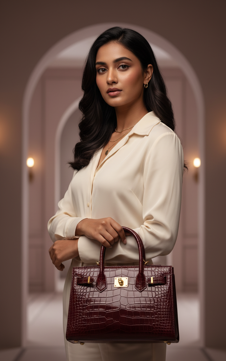 Woman holding a maroon handbag in an elegant interior setting with 'Manpriya Styles' branding.