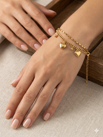 Dual-Layer Heart Charm Gold-Tone Bracelet - 18k gold plated stainless steel