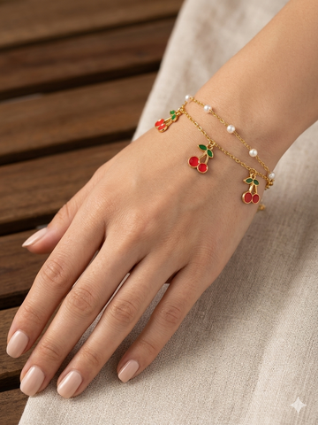 Cherry Charm Pearl Bracelet -18k gold plated stainless steel bracelet