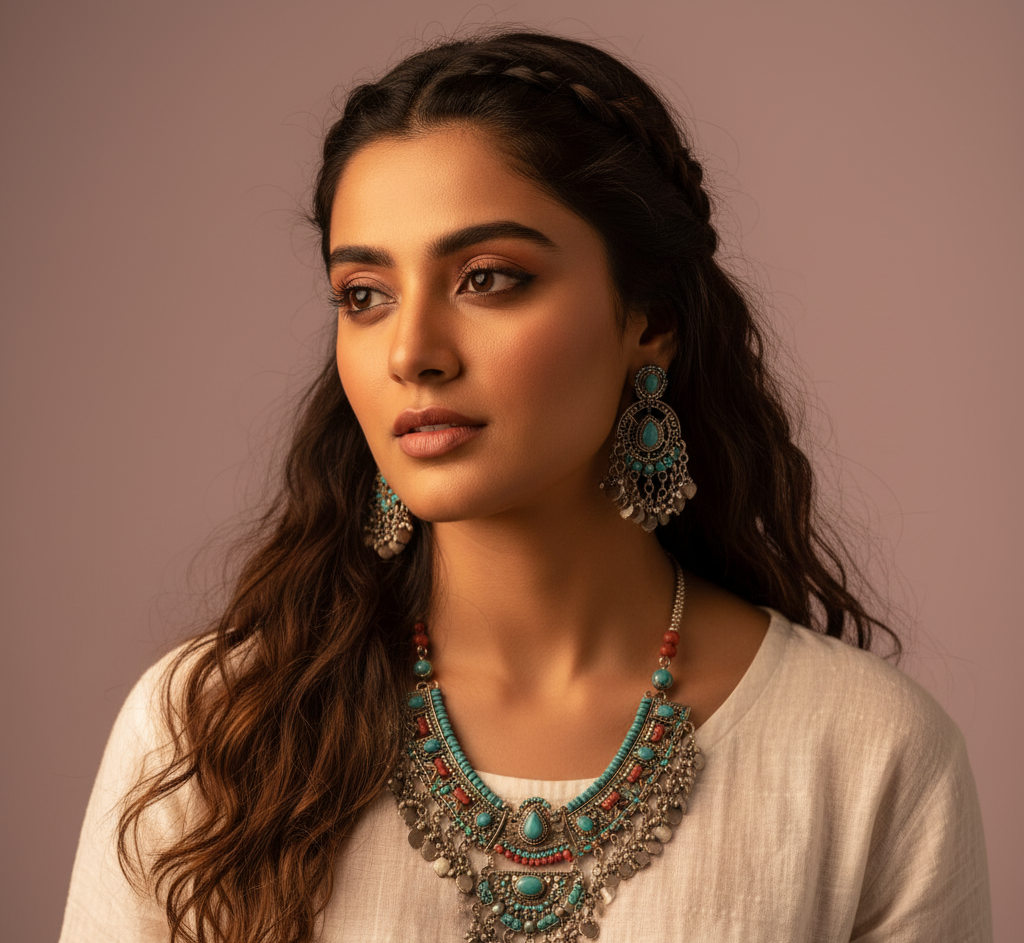 Woman wearing a necklace and earrings against a neutral background
