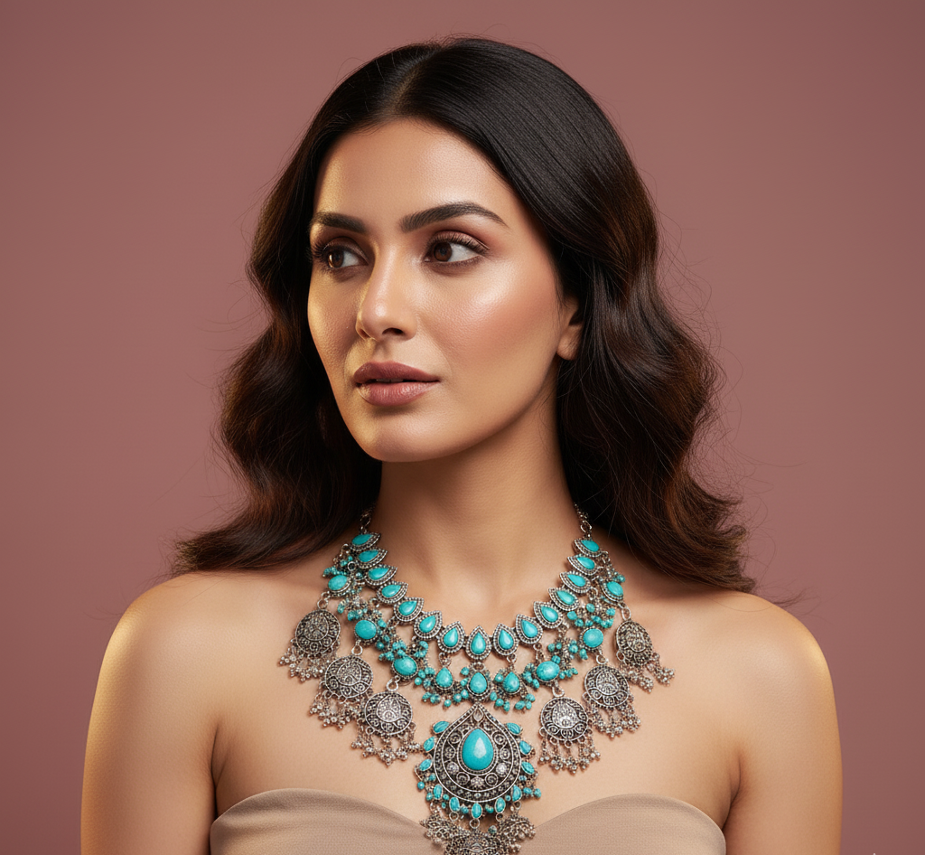 Woman wearing a turquoise and silver necklace against a brown background