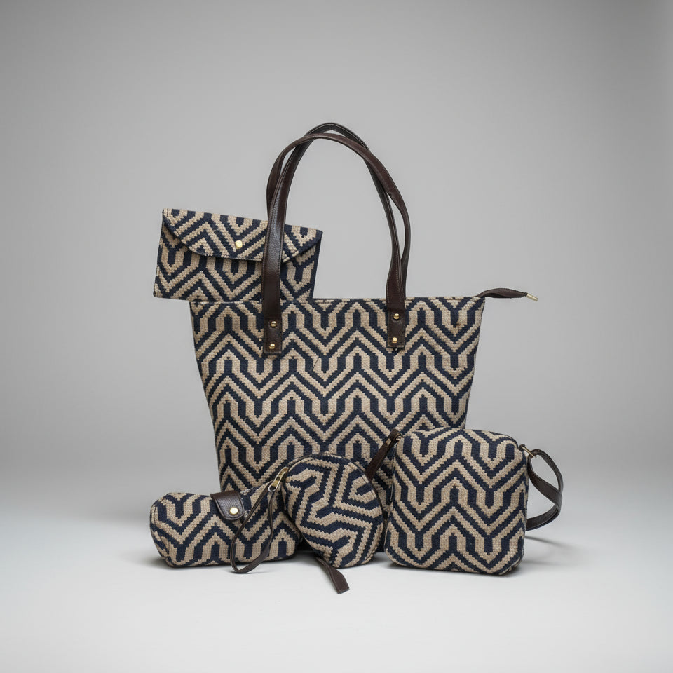 Set of black and white striped bags with brown handles against a textured wall.