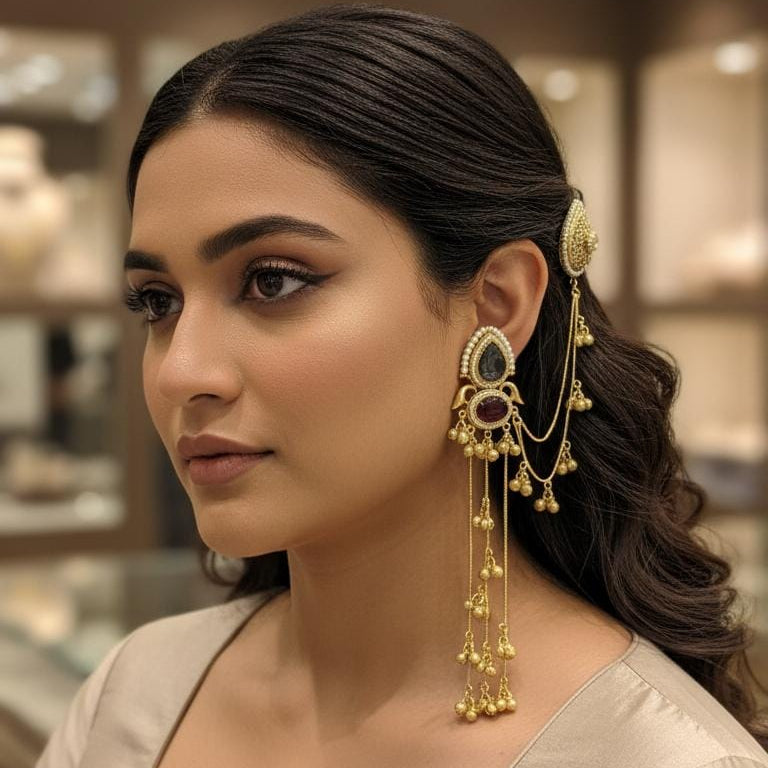 Woman wearing gold earrings in a store setting