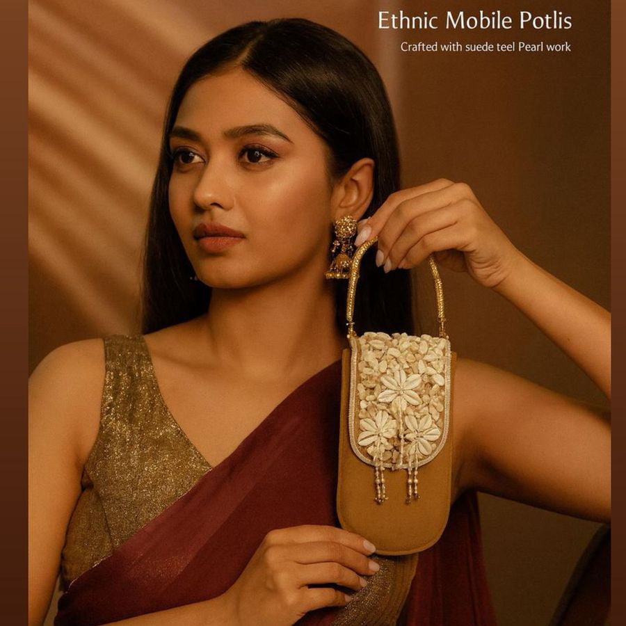 Woman in traditional attire holding a decorative phone case against a brown background